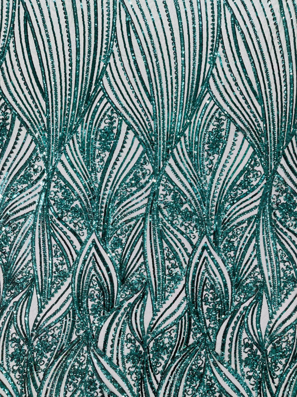 Emerald Green Shiny Geometric Feather wing shiny sequin design on a 4 way stretch mesh Fabric-prom-sold by the yard.