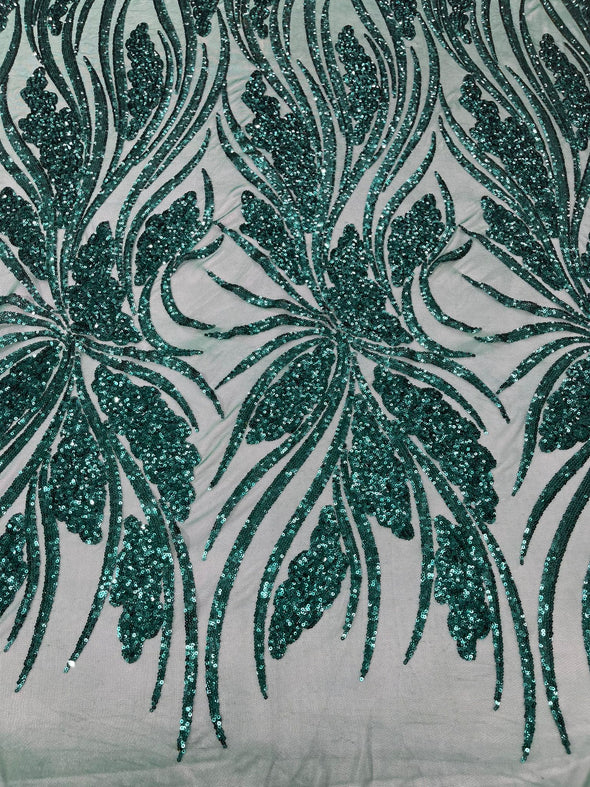 Emerald Green Feather damask shiny sequin design on a 4 way stretch mesh Fabric-prom-Sold by the yard