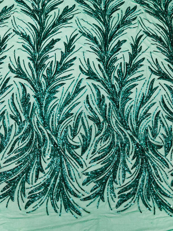 Emerald Green Feather damask shiny sequin design on a 4 way stretch mesh Fabric-prom-Sold by the yard