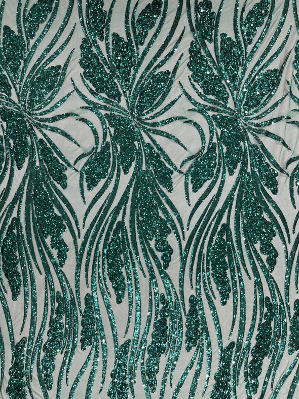 Emerald Green Feather damask shiny sequin design on a 4 way stretch mesh Fabric-prom-Sold by the yard