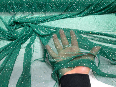 Emerald Green Sheer All Over AB Rhinestones On Stretch Power Mesh Fabric, Sold by The Yard
