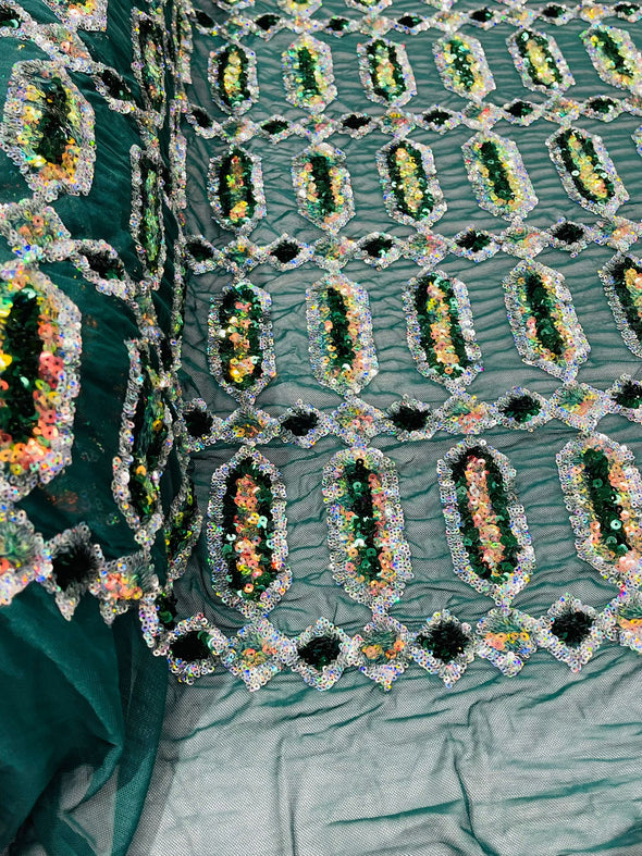 Emerald Silver Multi Color Iridescent Jewel Sequin Design On a 4 Way Stretch Mesh Fabric - Sold By The Yard
