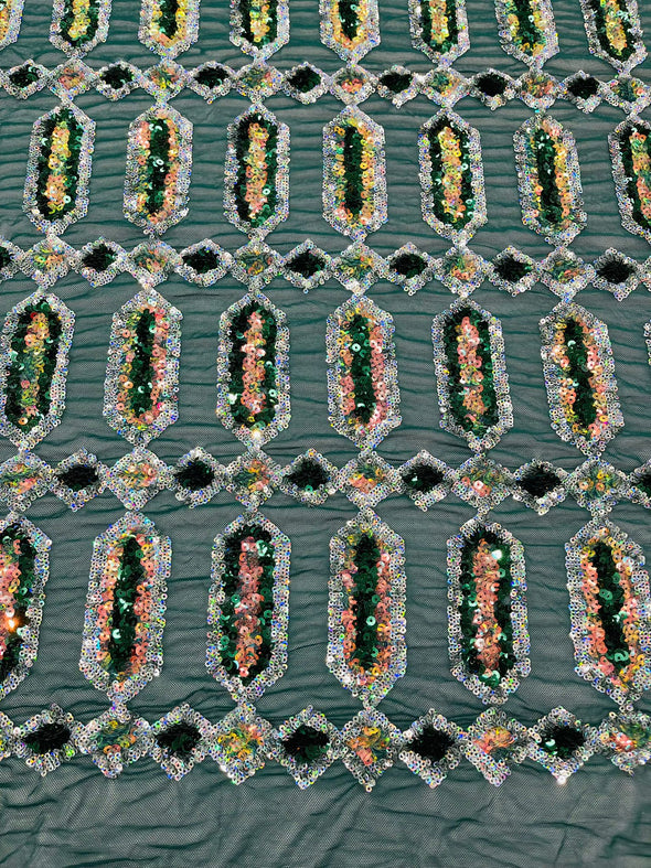 Emerald Gold Multi Color Iridescent Jewel Sequin Design On a 4 Way Stretch Mesh Fabric - Sold By The Yard