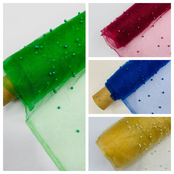 Pearl Glitter Studded Mesh, 2-Way Stretch Shimmer Mesh Fabric, Sold by the yard.