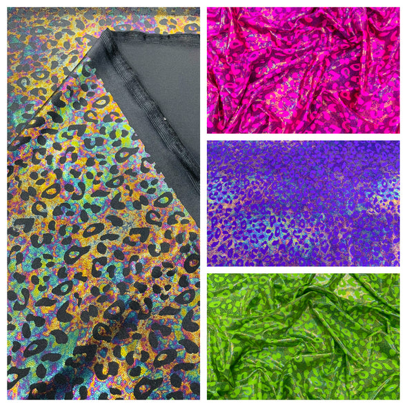 Leopard Oil Spill Metallic Print on a Stretch Nylon Spandex Tricot/Milliskin - Sold by the yard.