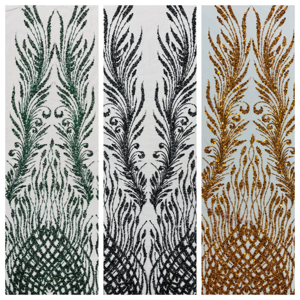 Feathers damask embroider and heavy beaded on a mesh lace fabric- Sold by the yard