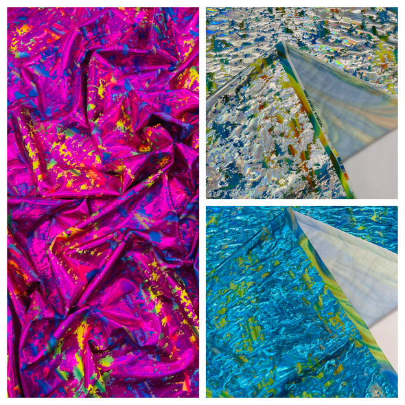 Splatter Foil Paint Metallic Print on a 4-way Stretch Tie Dye Nylon Spandex Tricot/Milliskin -Sold by the yard.