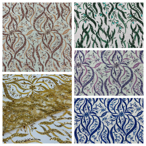 Vine Design Embroider And Heavy Beading/Sequins On A Mesh Lace Fabric/Wedding Lace/Costplay.