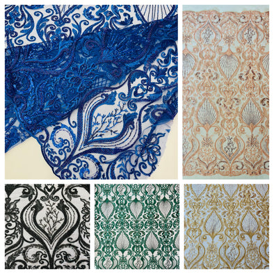 Floral Damask Embroider and Heavy Beaded On a Mesh Lace Fabric- Sold by The Yard
