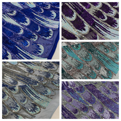 Iridescent Feather sequin design on a Blue 4 way stretch mesh Fabric-prom- Sold by the yard