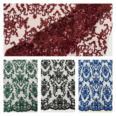 Damask embroider with sequins and heavy beaded on a mesh lace fabric-sold by the yard-
