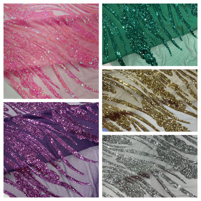 Feather damask shiny sequin design on a 4 way stretch mesh Fabric-prom-Sold by the yard