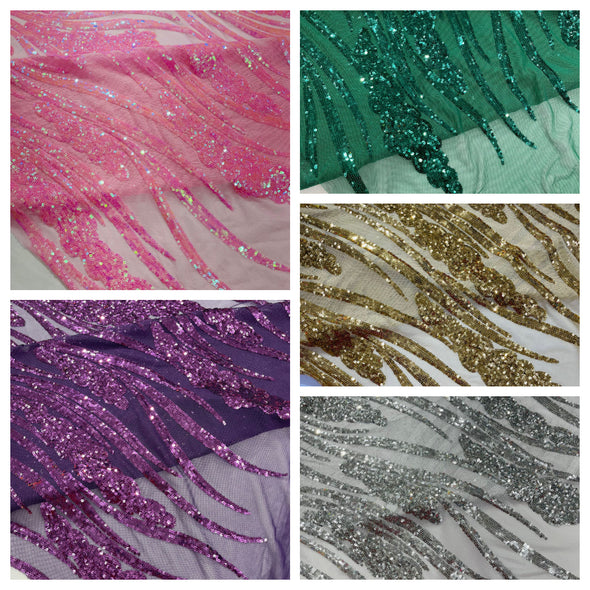 Feather damask shiny sequin design on a 4 way stretch mesh Fabric-prom-Sold by the yard