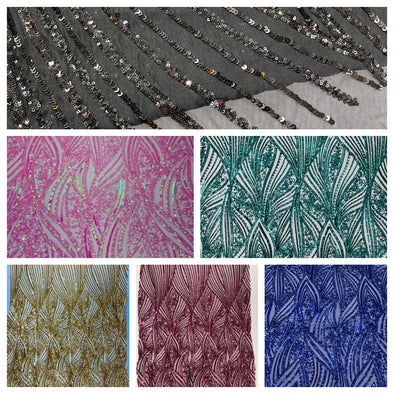 Shiny geometric Feather wing shiny sequin design on a 4 way stretch mesh Fabric-prom-sold by the yard.