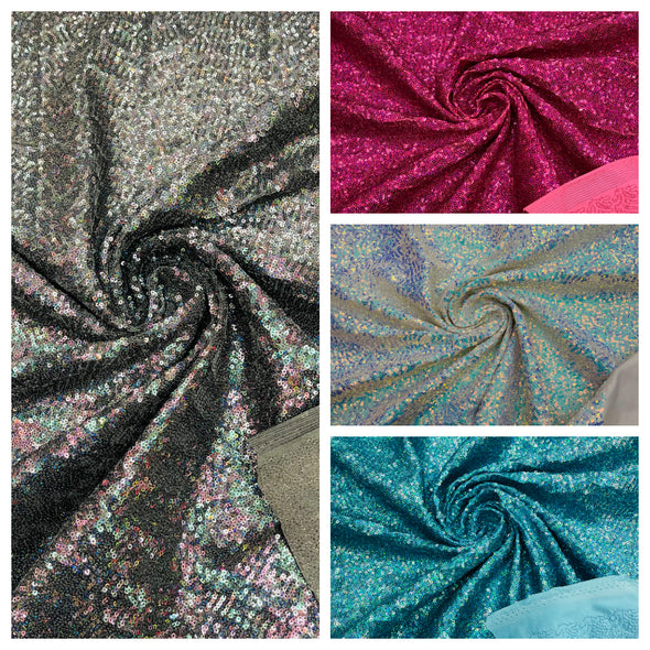 Hologram Mini Glitz Sequins on a 4 Way Stretch Spandex Fabric- Sold by The Yard