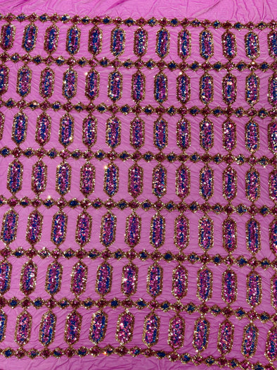 Fuchsia Gold On Fuchsia Multi Color Iridescent Jewel Sequin Design On a 4 Way Stretch Mesh Fabric - Sold By The Yard