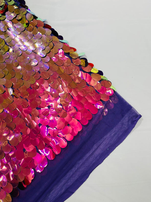 Fuchsia Purple Jumbo Sequins Oval Sequin Paillette/Tear Drop Mermaid Big Sequins Fabric On Purple Mesh/ 54 Inches Wide