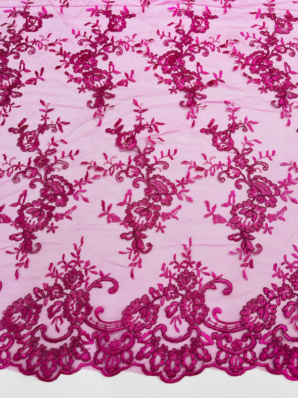 Fuchsia Bloom corded lace and embroider with sequins on a mesh -Sold by the yard