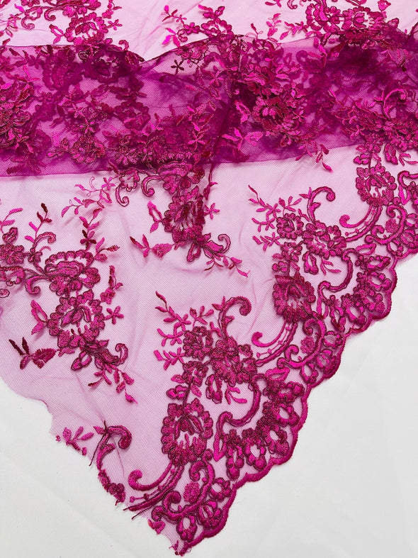 Fuchsia Bloom corded lace and embroider with sequins on a mesh -Sold by the yard