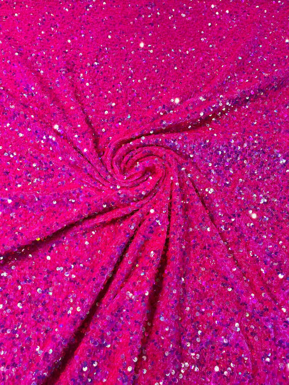 Fuchsia Iridescent 54" Stretch Velvet with Luxury Sequins All Over 5mm Shining Sequins 2-Way Stretch. Sold by the yard.