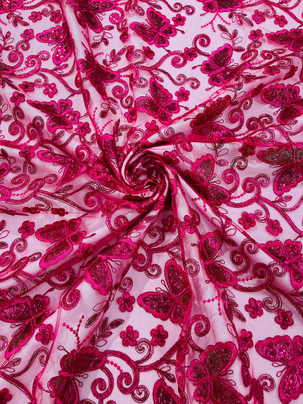 Fuchsia Metallic Corded Lace/ Butterfly Design Embroidered With Sequin on a Mesh Lace Fabric