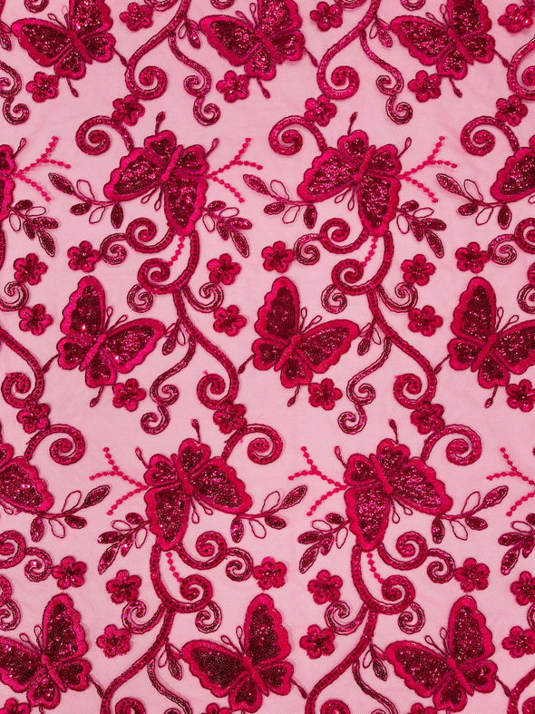 Fuchsia Metallic Corded Lace/ Butterfly Design Embroidered With Sequin on a Mesh Lace Fabric