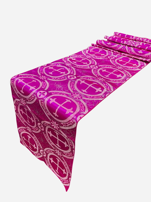 Fuchsia Silver Religious Brocade Runner Tablecloth | Liturgical Fabric | Runner Ecclesiastical Jacquard | Church | Vestment-Cross Brocade.