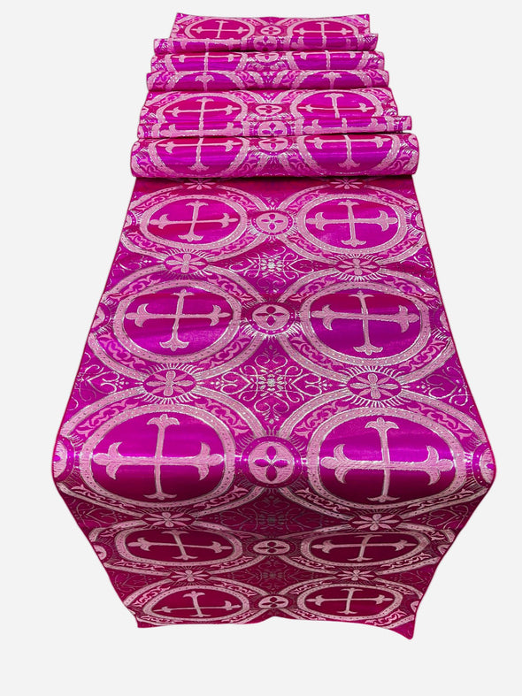 Fuchsia Silver Religious Brocade Runner Tablecloth | Liturgical Fabric | Runner Ecclesiastical Jacquard | Church | Vestment-Cross Brocade.