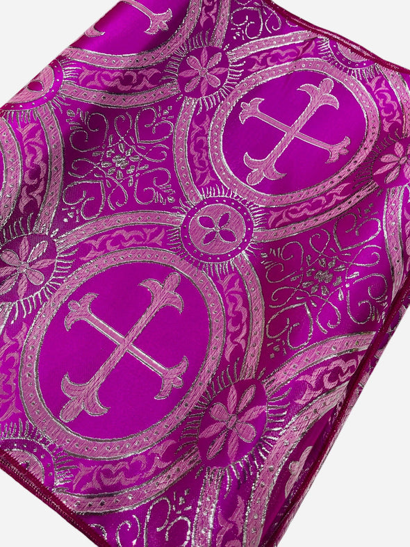 Fuchsia Silver Religious Brocade Runner Tablecloth | Liturgical Fabric | Runner Ecclesiastical Jacquard | Church | Vestment-Cross Brocade.