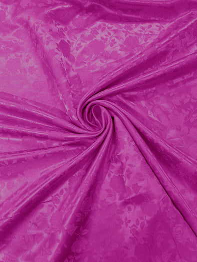 Fuchsia Polyester Roses/Floral Brocade Jacquard Satin Fabric/ Cosplay Costumes, Table Linen- Sold By The Yard.