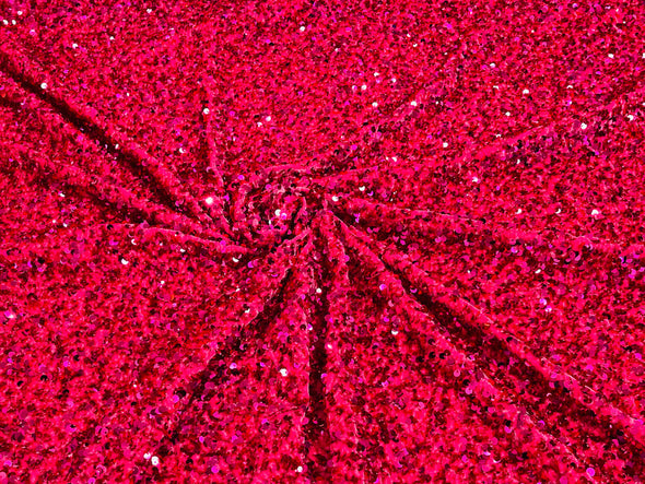 Fuchsia 54" Stretch Velvet with Luxury Sequins All Over 5mm Shining Sequins 2-Way Stretch. Sold by the yard.