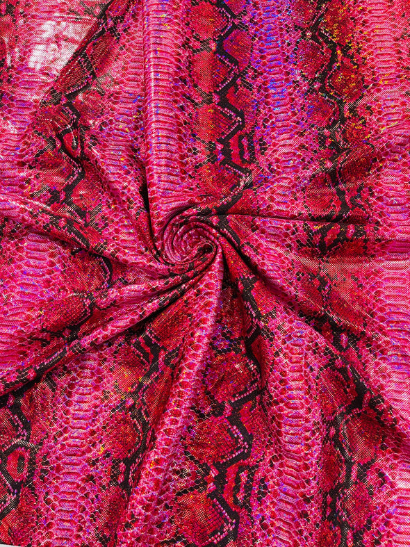 Fuchsia Holographic Snake Foil Printed Spandex Fabric By The Yard | Multi Color Snake Design Poly Spandex Fabric 4 Way Stretch 60”