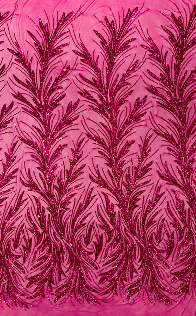 Fuchsia Feather damask shiny sequin design on a 4 way stretch mesh Fabric-prom-Sold by the yard