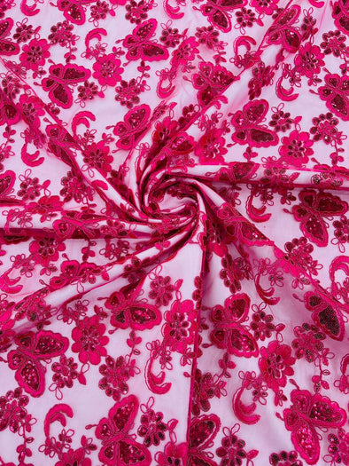 Fuchsia Corded Lace/ Butterfly Design Embroidered With Sequin on a Mesh Lace Fabric