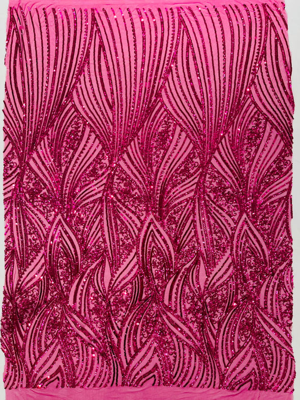 Fuchsia Shiny Geometric Feather wing shiny sequin design on a 4 way stretch mesh Fabric-prom-sold by the yard.