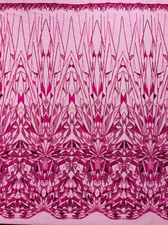 Fuchsia Geometric Beaded Design On A Mesh Lace Fabric (By The Yard)