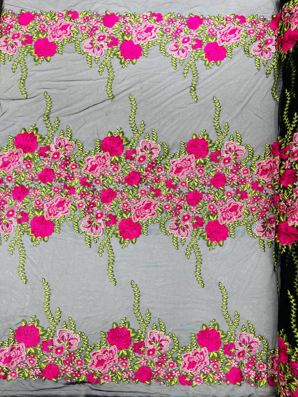 Fuchsia Roses Multi Color Floral Design Embroider on a Black Mesh Lace Fabric- Sold by the yard.