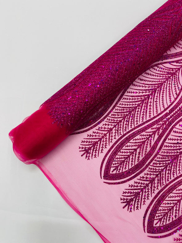 Fuchsia Glitter Feather Damask Design On A Mesh Lace Fabric/Prom.