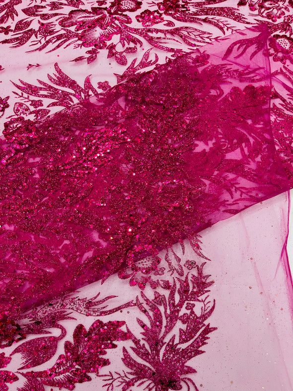 Big Glitter Damask Design On A Mesh Lace Fabric/Prom/Sold By The Yard