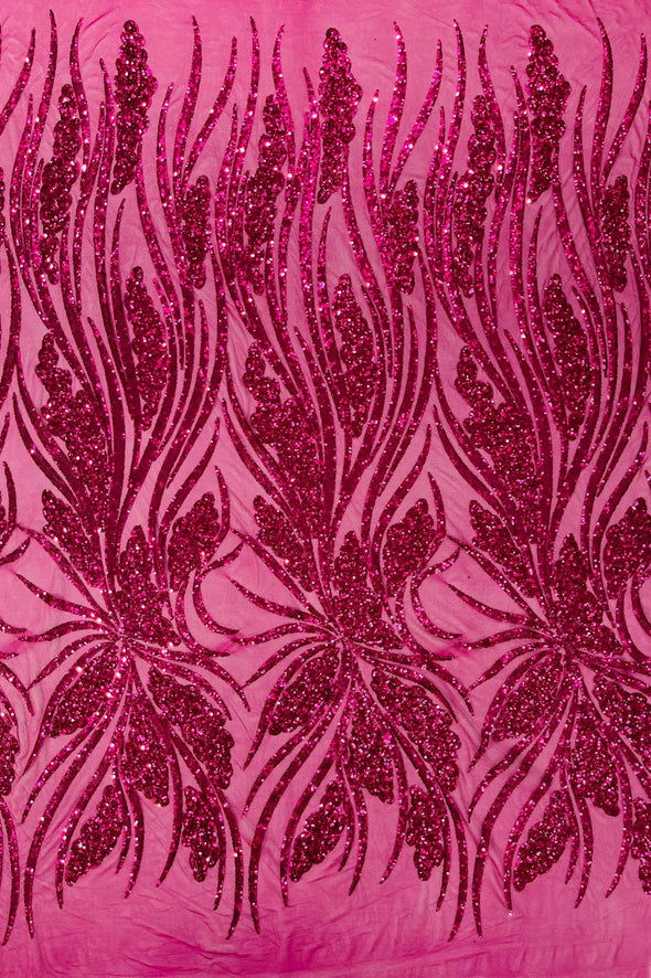 Fuchsia Feather damask shiny sequin design on a 4 way stretch mesh Fabric-prom-Sold by the yard