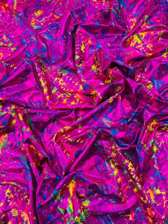 Splatter Foil Paint Metallic Print on a 4-way Stretch Tie Dye Nylon Spandex Tricot/Milliskin -Sold by the yard.