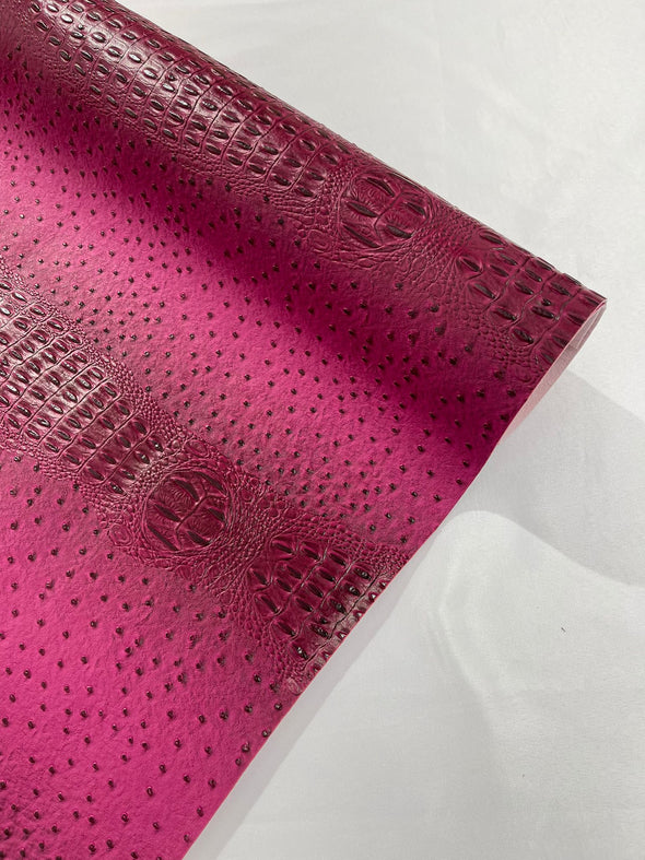 Fuchsia 54” Wide Gator/Ostrich Two Tone Fake Leather Upholstery, 3-D Crocodile Skin Texture Faux Leather Vinyl Fabric/By The Yard.