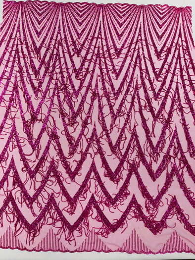 Fuchsia Geometric Fringe Beaded Design With Sequins On A Mesh Fabric/Prom.