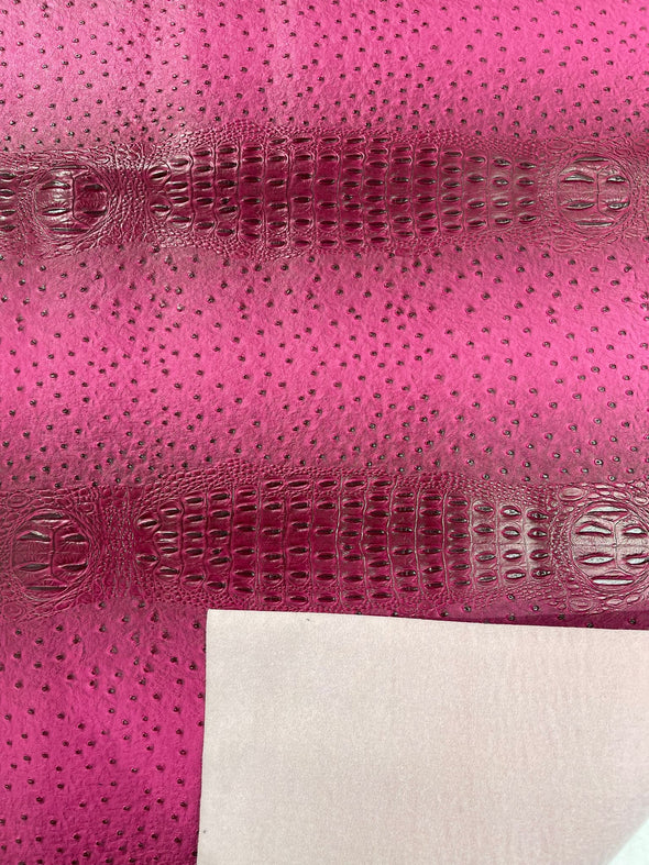 Fuchsia 54” Wide Gator/Ostrich Two Tone Fake Leather Upholstery, 3-D Crocodile Skin Texture Faux Leather Vinyl Fabric/By The Yard.