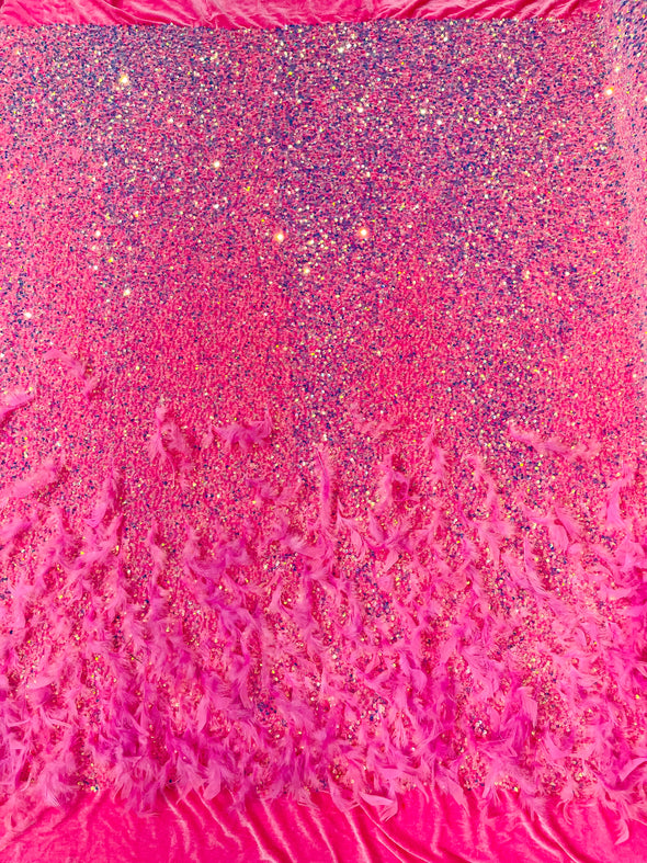 Feathers Sequins 5mm On a Stretch Velvet 2-Way Stretch, Sold By The Yard