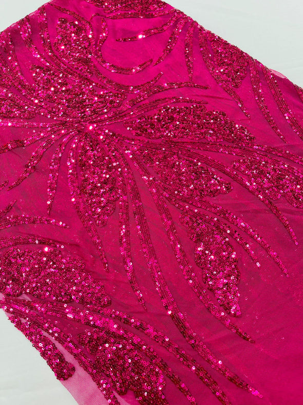 Fuchsia Feather damask shiny sequin design on a 4 way stretch mesh Fabric-prom-Sold by the yard