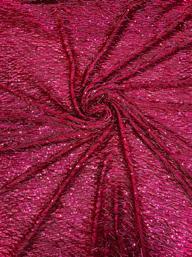 Fuchsia Vegas Beaded Sequin Stretch Mesh Fabric, Embroidered Design for Prom Gown, by The Yard