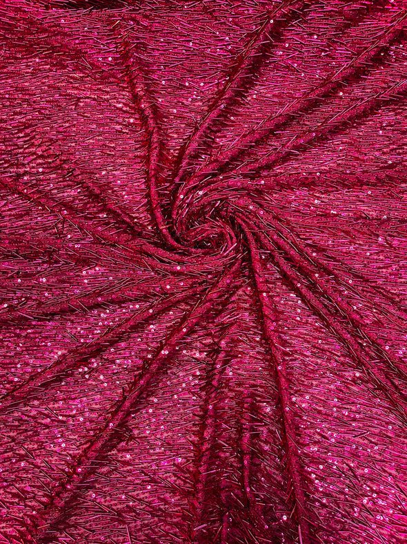 Fuchsia Vegas Beaded Sequin Stretch Mesh Fabric, Embroidered Design for Prom Gown, by The Yard