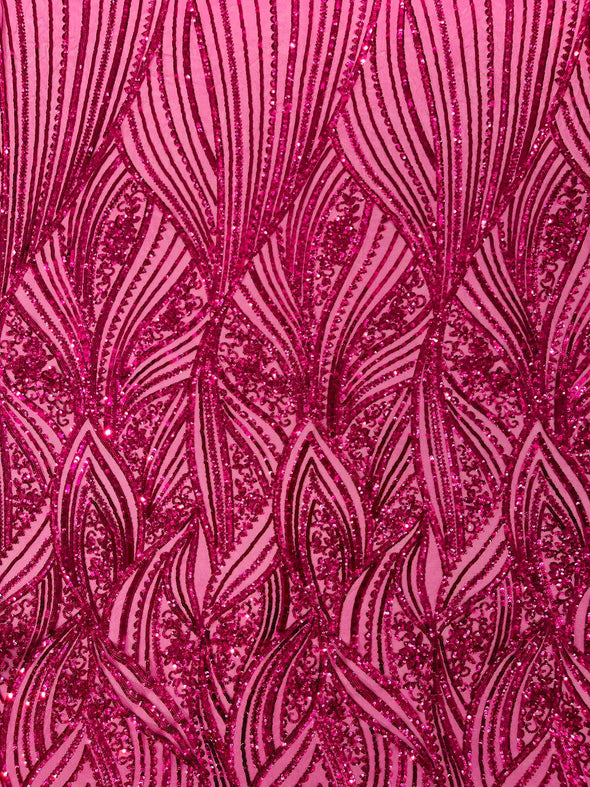 Fuchsia Shiny Geometric Feather wing shiny sequin design on a 4 way stretch mesh Fabric-prom-sold by the yard.