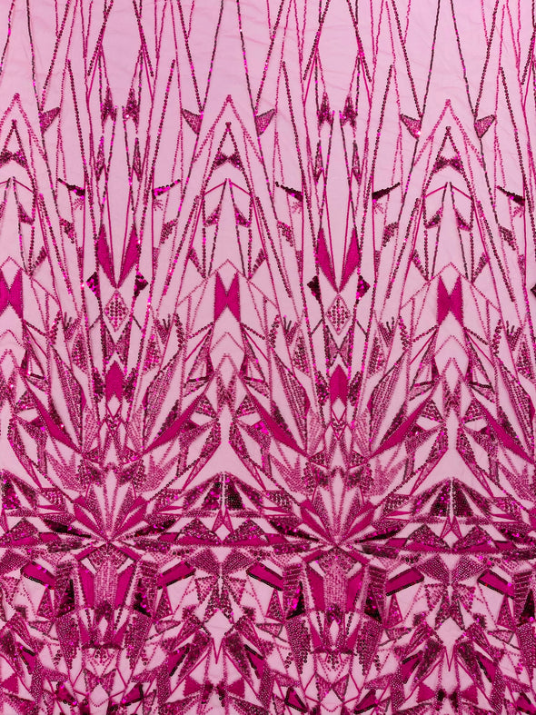 Fuchsia Geometric Beaded Design On A Mesh Lace Fabric (By The Yard)